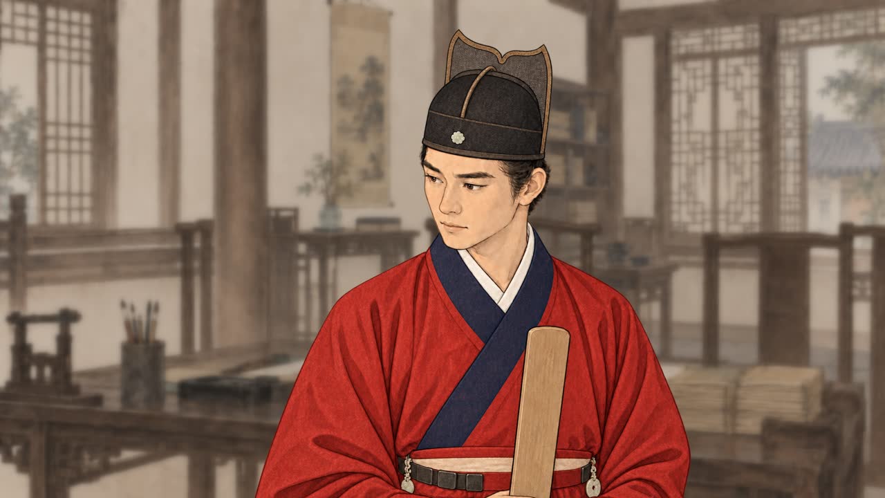 主角身穿朝服，手持笏板，站在官署里。
